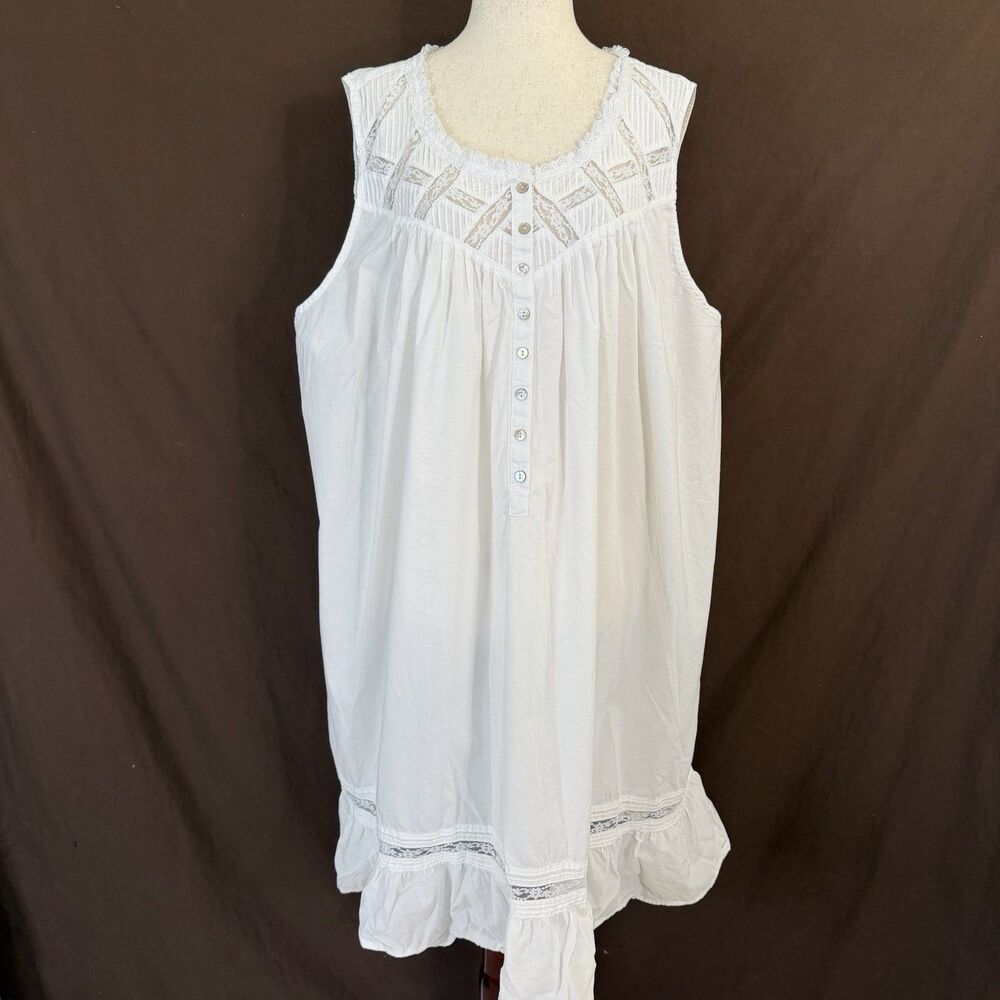 Eileen West 100% Cotton White Lace Trimmed Short Sleeveless Nightgown 2X Plus